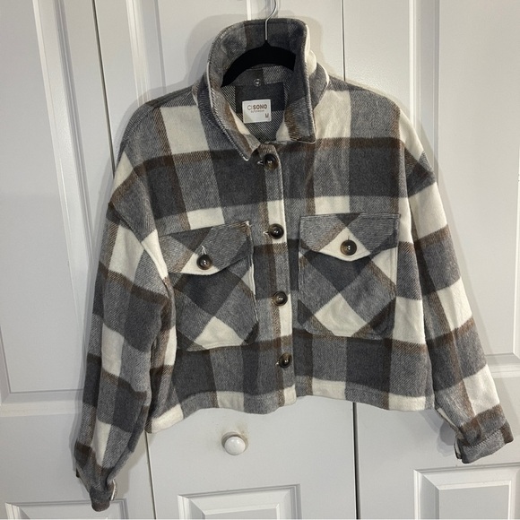 Ci Sono Cropped Flannel Shirt Jacket Size Medium Black Thiago Plaid Button Front - Picture 1 of 7